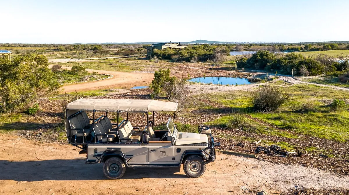 The safari Land Rover beside a salt pan on the reserve, seen from the air